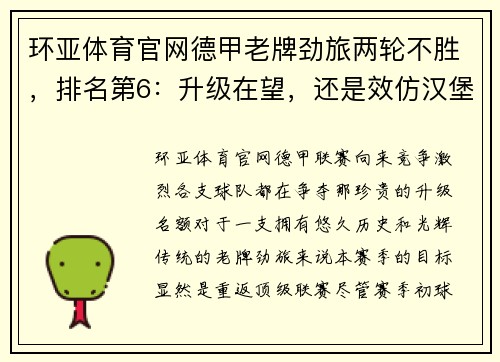 环亚体育官网德甲老牌劲旅两轮不胜，排名第6：升级在望，还是效仿汉堡继续沉沦？