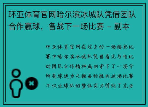 环亚体育官网哈尔滨冰城队凭借团队合作赢球，备战下一场比赛 - 副本