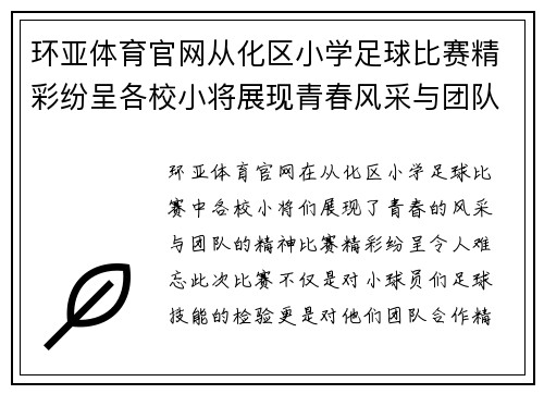 环亚体育官网从化区小学足球比赛精彩纷呈各校小将展现青春风采与团队精神