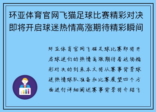 环亚体育官网飞猫足球比赛精彩对决即将开启球迷热情高涨期待精彩瞬间