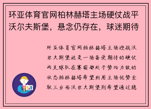 环亚体育官网柏林赫塔主场硬仗战平沃尔夫斯堡，悬念仍存在，球迷期待胜利
